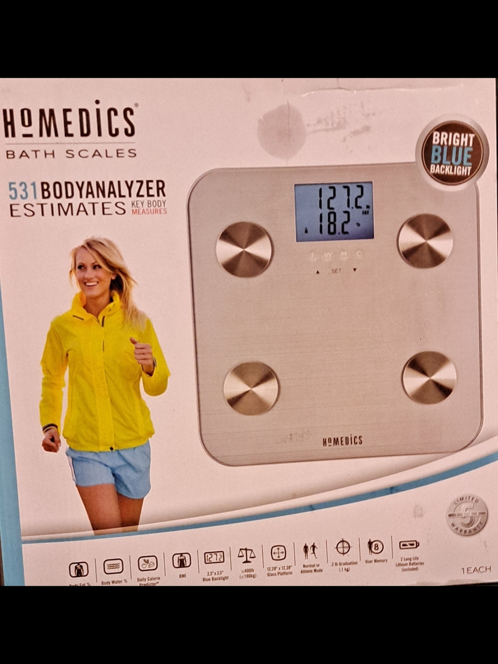 Homedics Digital Scale Packaging Detail in White and Blue